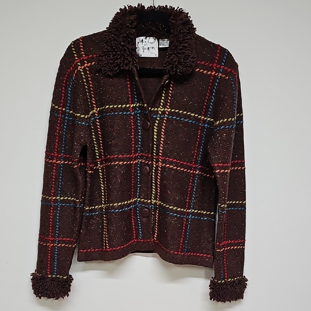 Vtg 90s Michael Simon Brown Plaid Shag Cardi Sweater Colored Embroidery Sz LARGE
